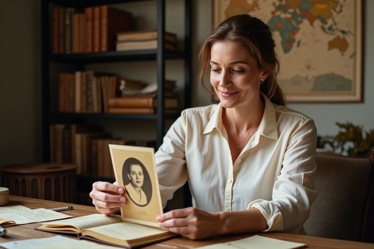 Femme consultant de vieilles photographies de famille et des lettres manuscrites pour retracer ses origines généalogiques