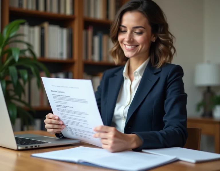 Femme professionnelle en blazer marine révisant son CV à son bureau à domicile pour trouver un emploi adapté à son profil