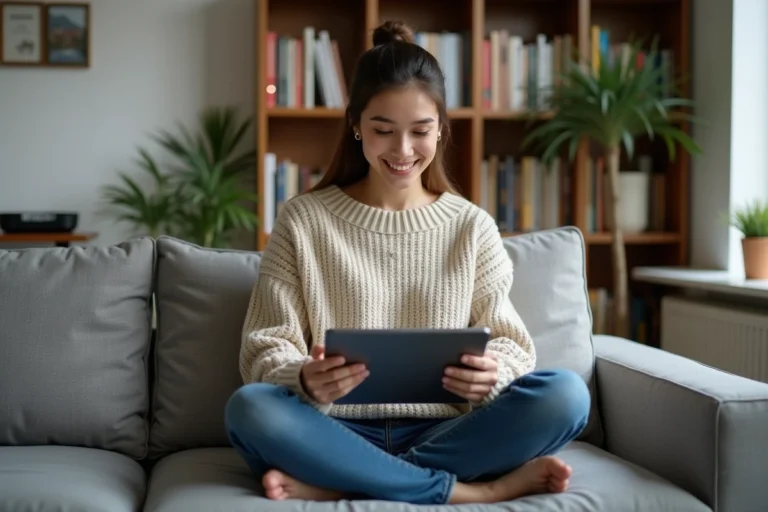 Femme souriante regardant une tablette dans un salon cosy