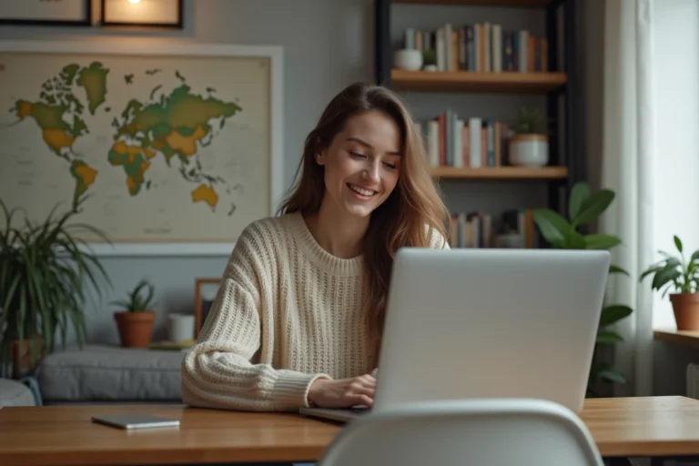 Jeune femme concentrée sur son ordinateur dans un bureau moderne