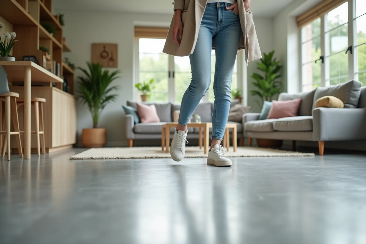 Jeune femme marchant sur sol epoxy gris dans salon moderne