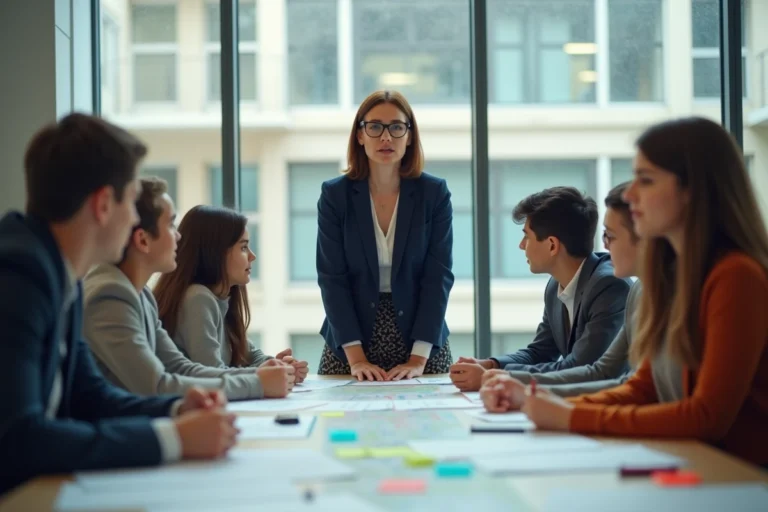 Enseignante animant une formation sur l'organisation d'un séjour scolaire avec des élèves autour d'une table de travail
