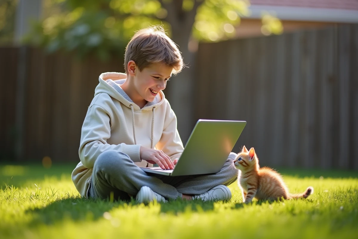 Adolescent avec chaton dans le jardin