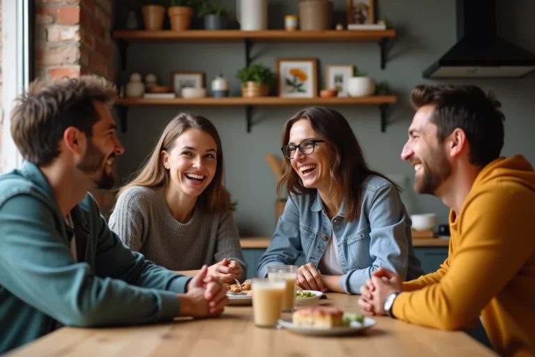 Groupe de quatre adultes français autour d'une table de cuisine