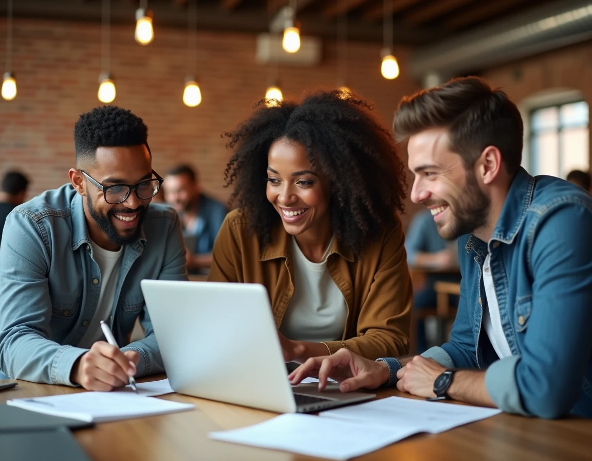 Groupe de professionnels collaborant autour d'un ordinateur portable dans un espace de coworking pour rechercher des offres d'emploi adaptées à leurs compétences