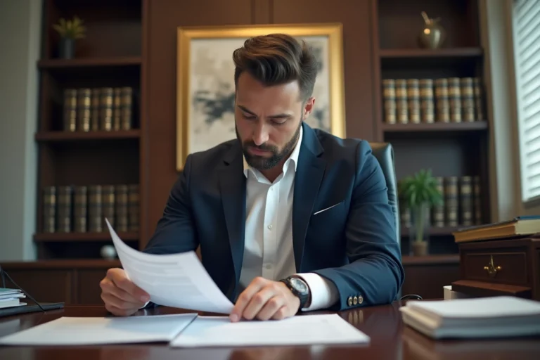Homme d'affaires en blazer navy organise des dossiers