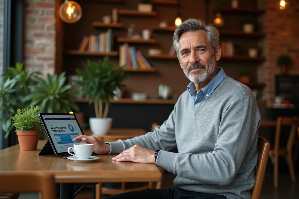 Homme d'affaires consultant un site d'actualité économique sur tablette dans un café urbain chaleureux avec décoration en brique apparente