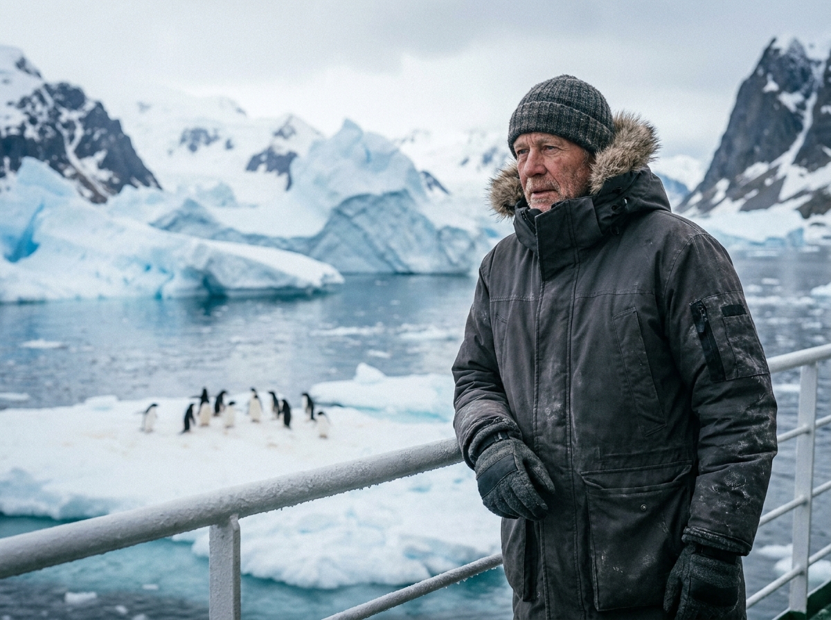 Homme en parka observant les icebergs en Antarctique
