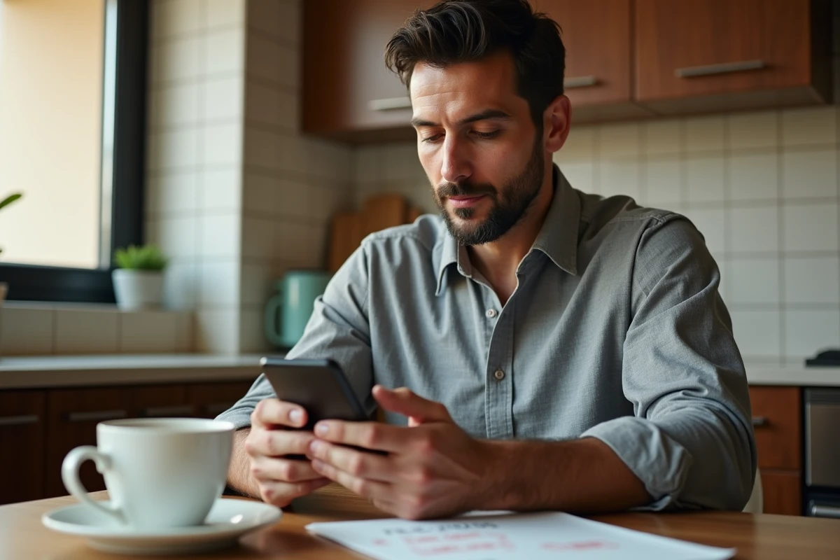 Homme latino utilisant l'application mobile Western Union pour comparer les frais de transfert international
