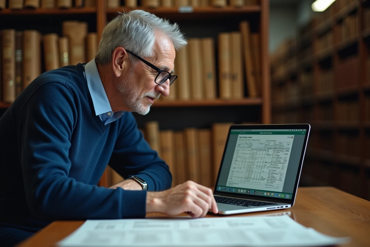 Homme âgé consultant des registres paroissiaux numérisés dans une salle d'archives pour retrouver ses ancêtres sans test ADN