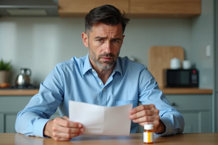 Homme inquiet avec leaflet medicament capillar