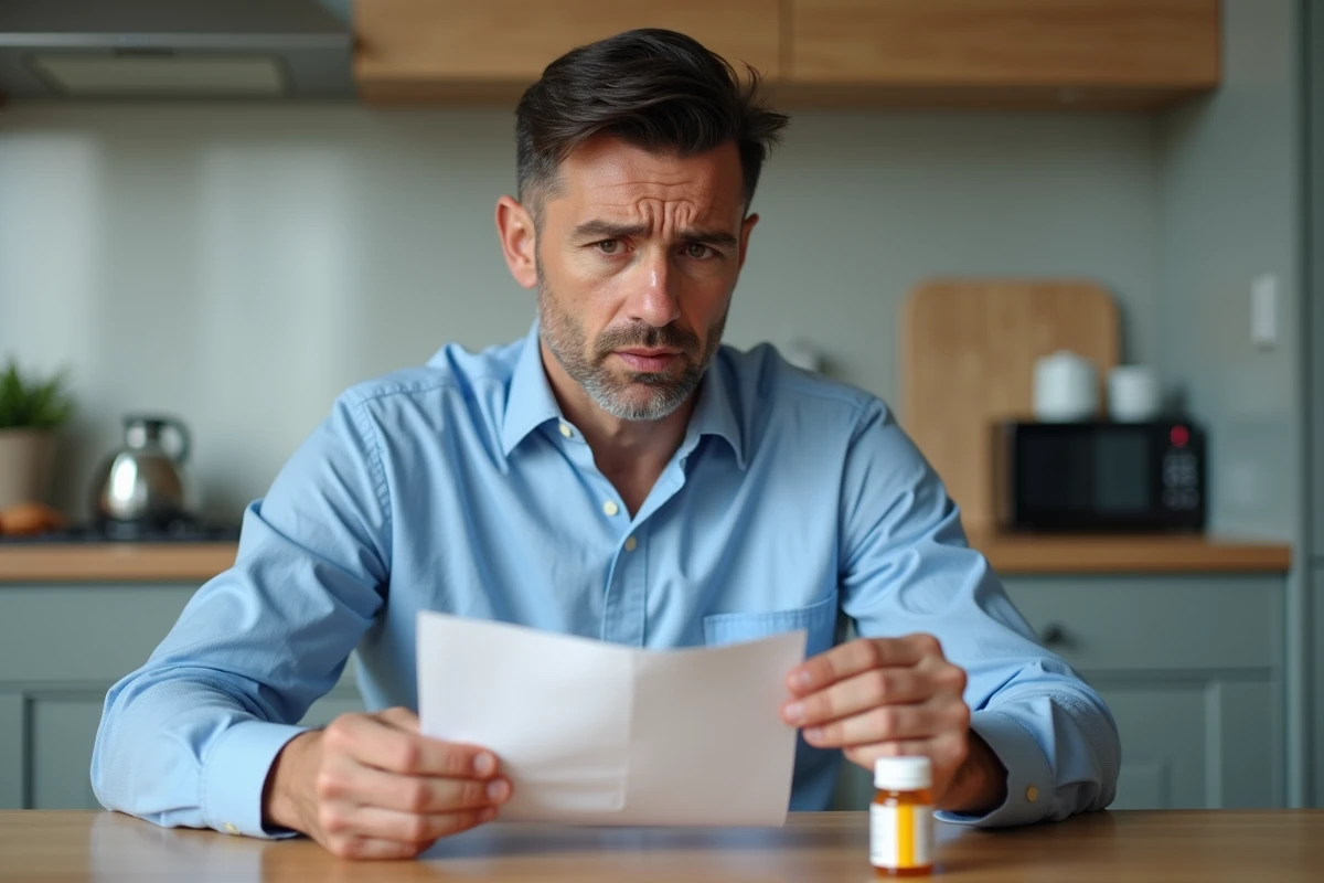 Homme inquiet avec leaflet medicament capillar