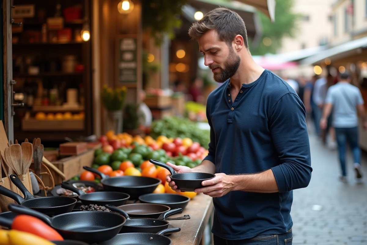 Homme inspectant des ustensiles de cuisine en fonte sur un marché local en plein air