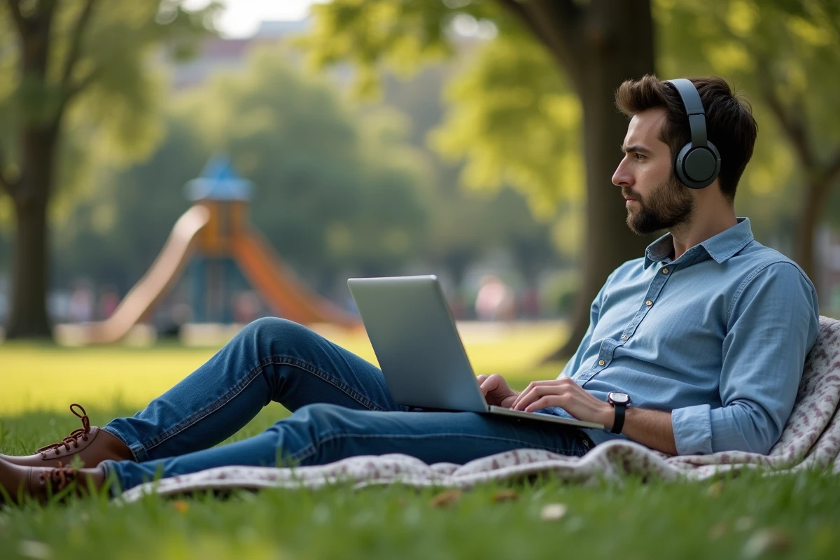 Jeune homme avec casque regardant un film en plein air