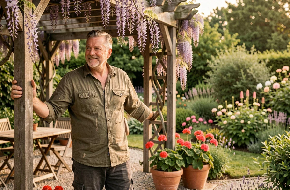 Homme admirant une pergola en bois couverte de glycine dans un jardin de maison accueillant et bien entretenu