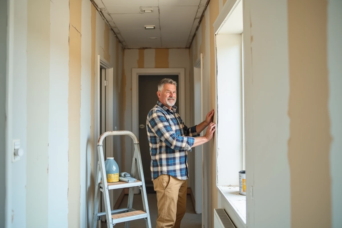 Homme posant du papier peint dans un couloir en rénovation