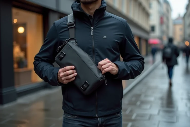 Homme portant un sac bandoulière imperméable noir en nylon sur un trottoir mouillé en ville