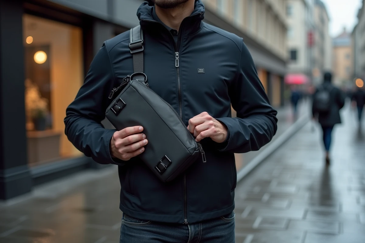Homme portant un sac bandoulière imperméable noir en nylon sur un trottoir mouillé en ville