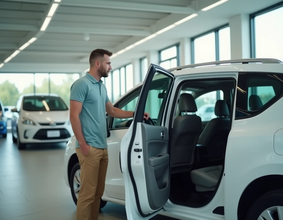 Homme inspectant l'intérieur d'un monospace familial 5 places chez un concessionnaire automobile lors d'un achat
