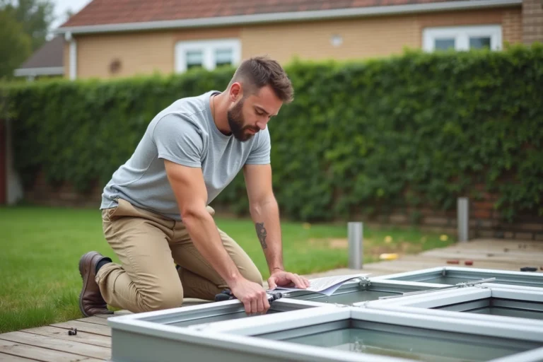 Homme assemblant les profilés en aluminium d'une véranda en kit Brico Dépôt sur une terrasse en bois dans un jardin suburban