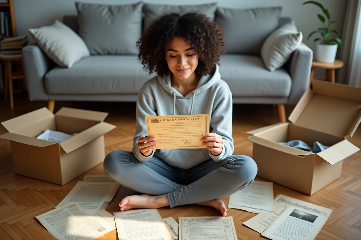 Jeune femme explorant des documents familiaux anciens et des cartes postales pour retracer ses origines sans recourir à un test ADN