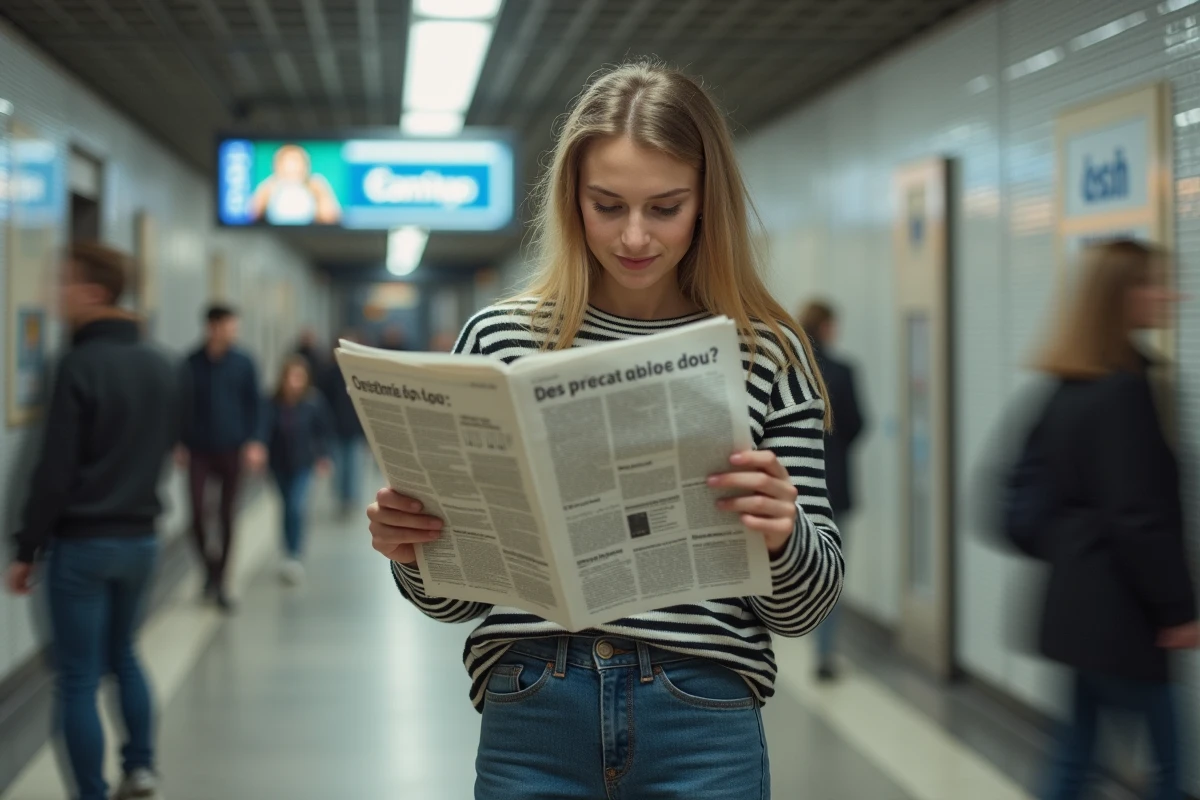 Jeune femme lisant journal dans le métro