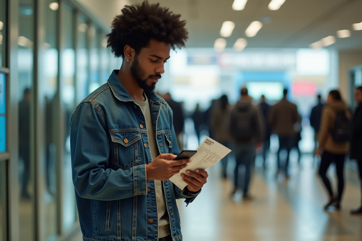 Jeune homme avec un reçu Western Union dans une banque