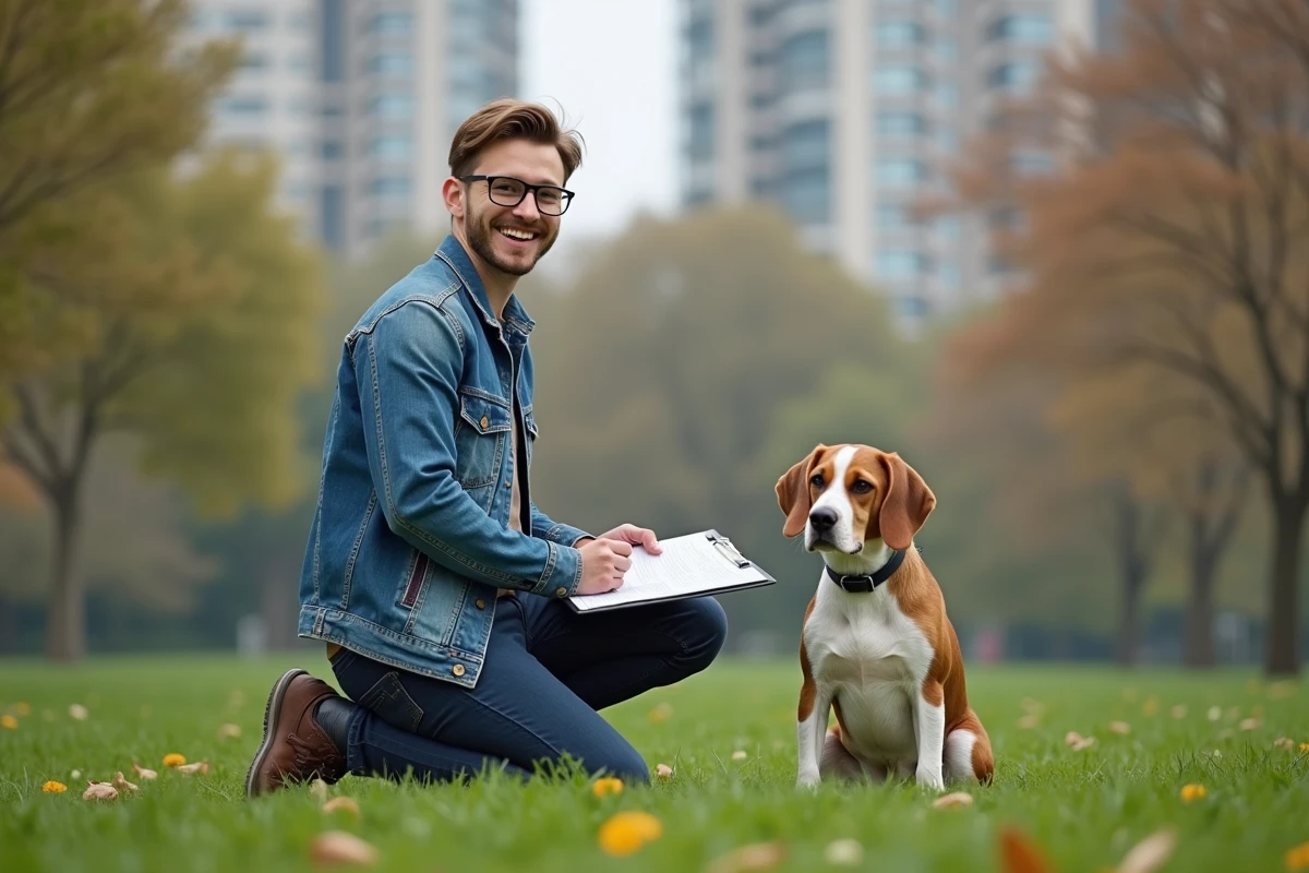 Jeune homme avec chien dans un parc urbain