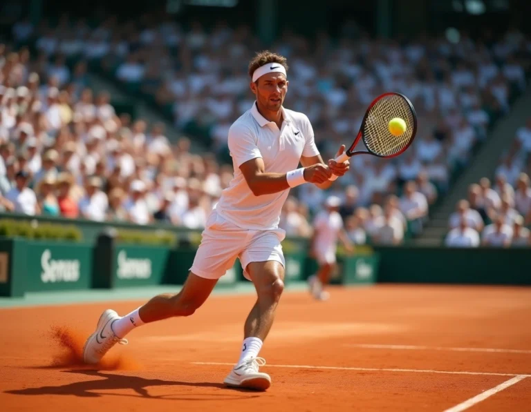 Joueur de tennis professionnel effectuant un coup droit puissant sur un court en terre battue lors d'un grand tournoi du Grand Chelem