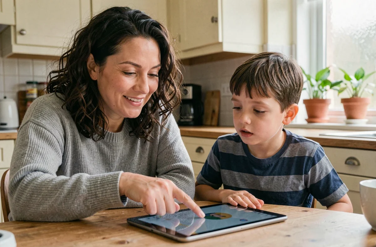 Mère et jeune garçon explorant ensemble une tablette numérique dans une cuisine familiale chaleureuse
