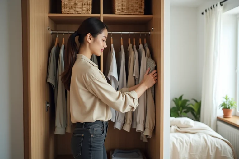 Femme rangeant ses vêtements dans un petit placard en bois organisé avec des paniers en osier dans un appartement minimaliste