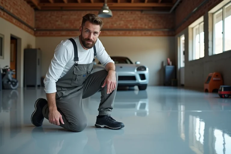 Hommes en overalls inspectant sol epoxy brillant garage