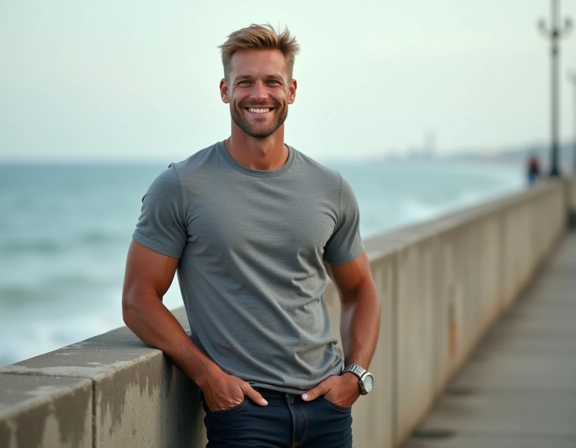 Homme blond athlétique appuyé contre un mur en bord de mer, représentant le style de vie de Paul Walker acteur et personnalité publique