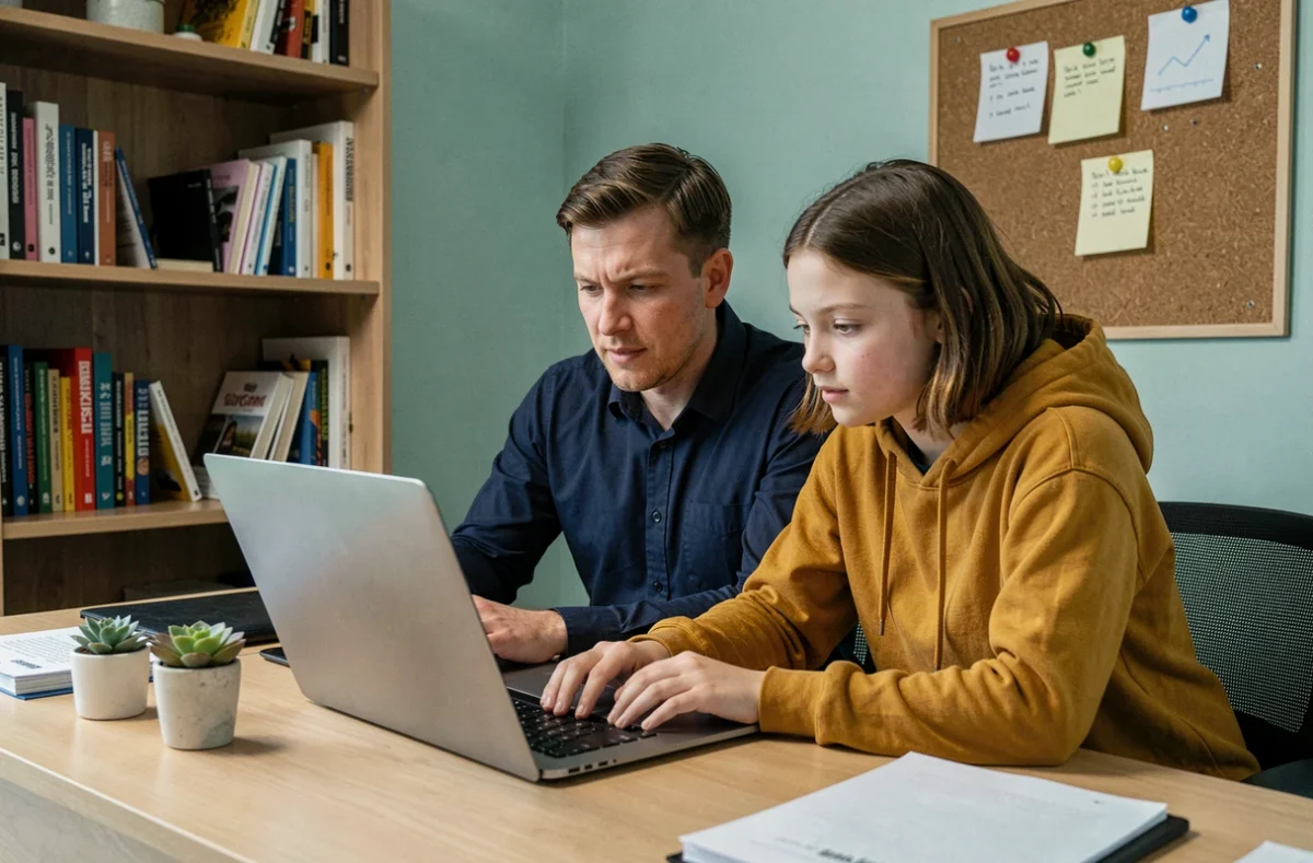 Père et adolescente travaillant ensemble sur un ordinateur portable dans un bureau à domicile organisé