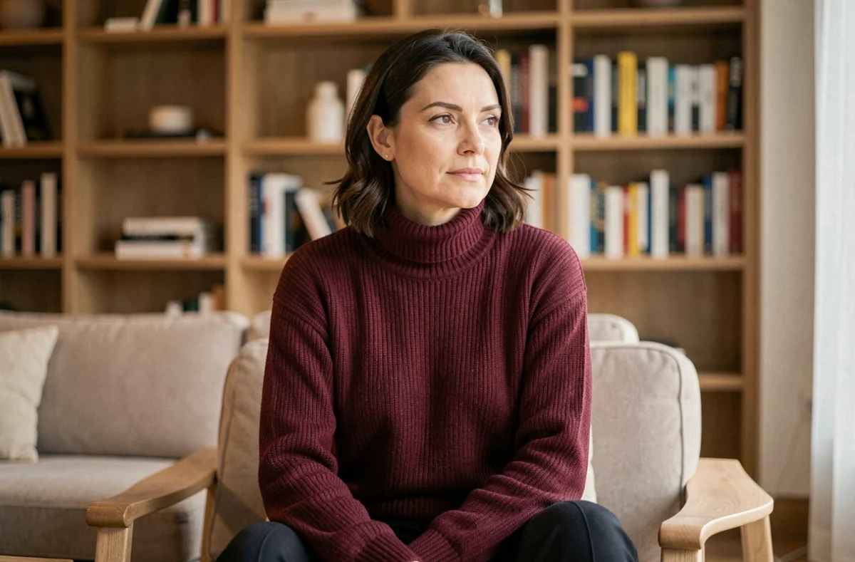 Femme posant dans un salon moderne avec bibliothèque, portrait éditorial élégant et intimiste