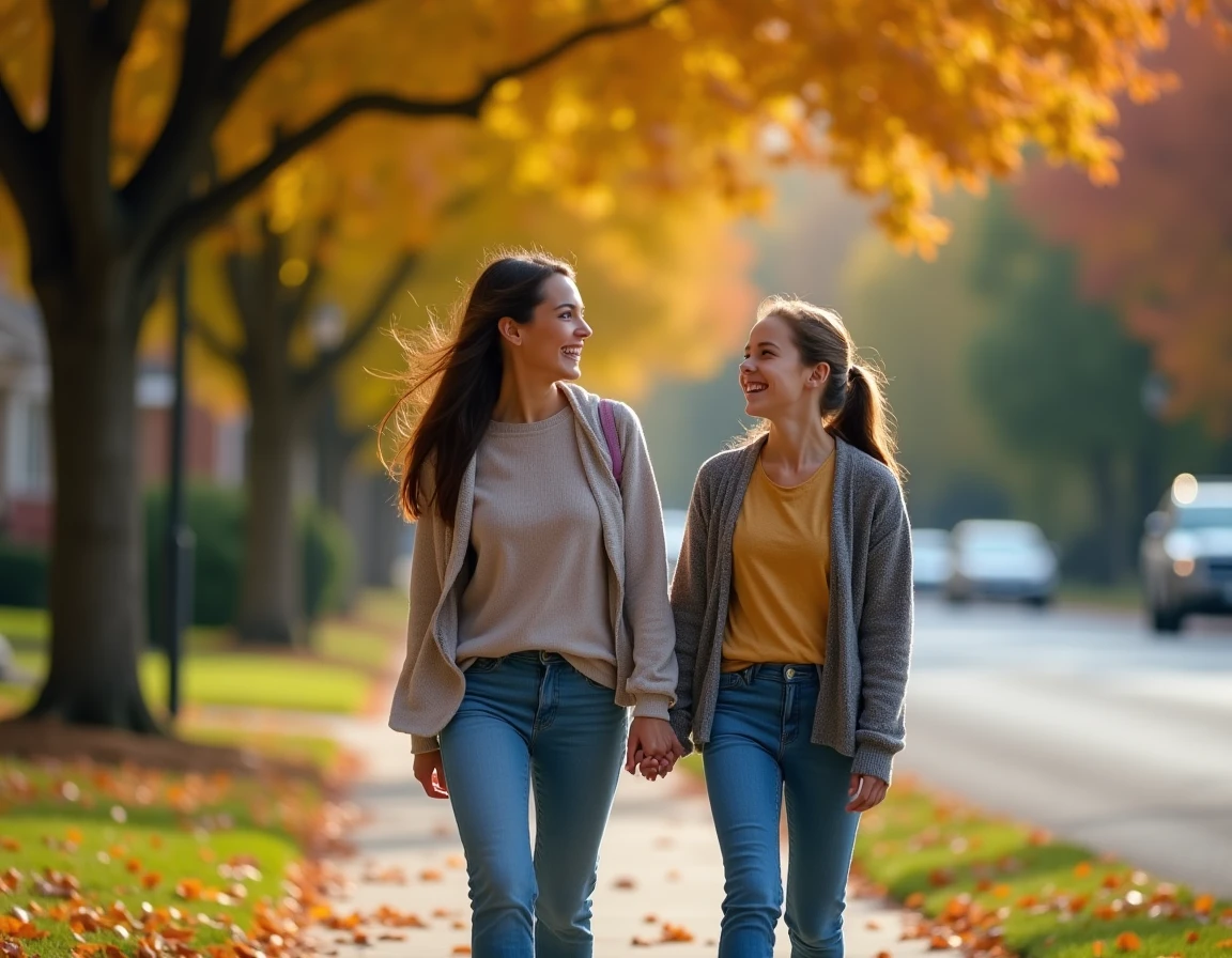 Femme et adolescente marchant ensemble sur un trottoir en automne, illustration du lien familial entre Rebecca Soteros et sa fille Meadow Walker