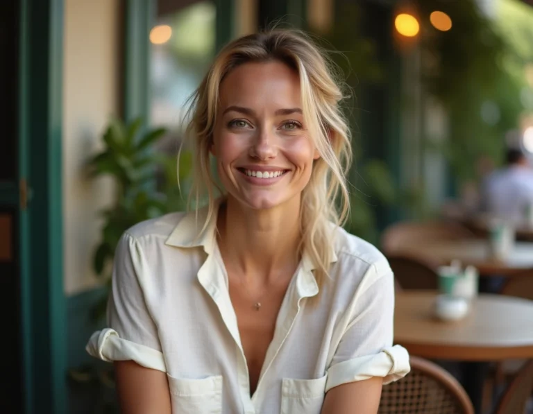Portrait d'une femme blonde décontractée assise en terrasse de café, évoquant la vie personnelle et le parcours de Rebecca Soteros