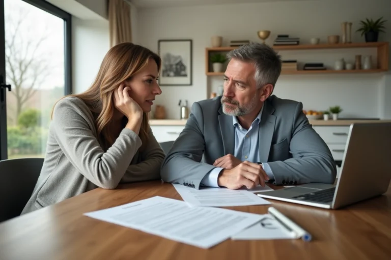 Couple en discussion sur des documents immobiliers dans un intérieur moderne