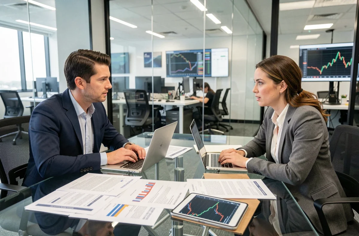 Deux professionnels discutant de stratégies d'investissement boursier autour d'une table de réunion