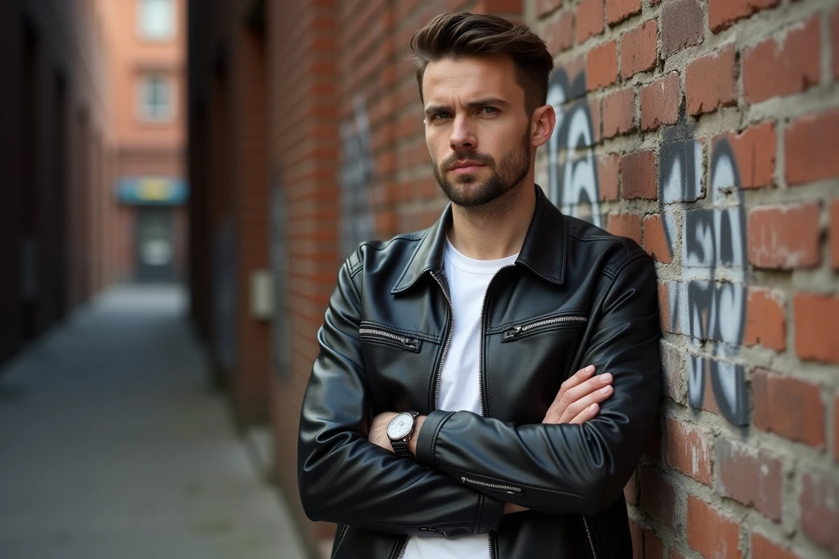Homme en blouson de cuir noir dans une ruelle urbaine, regard énigmatique évoquant le personnage de Rio dans Good Girls