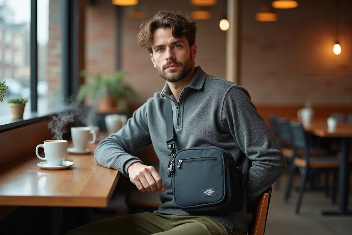 Homme assis dans un café avec un sac bandoulière imperméable posé contre sa chaise