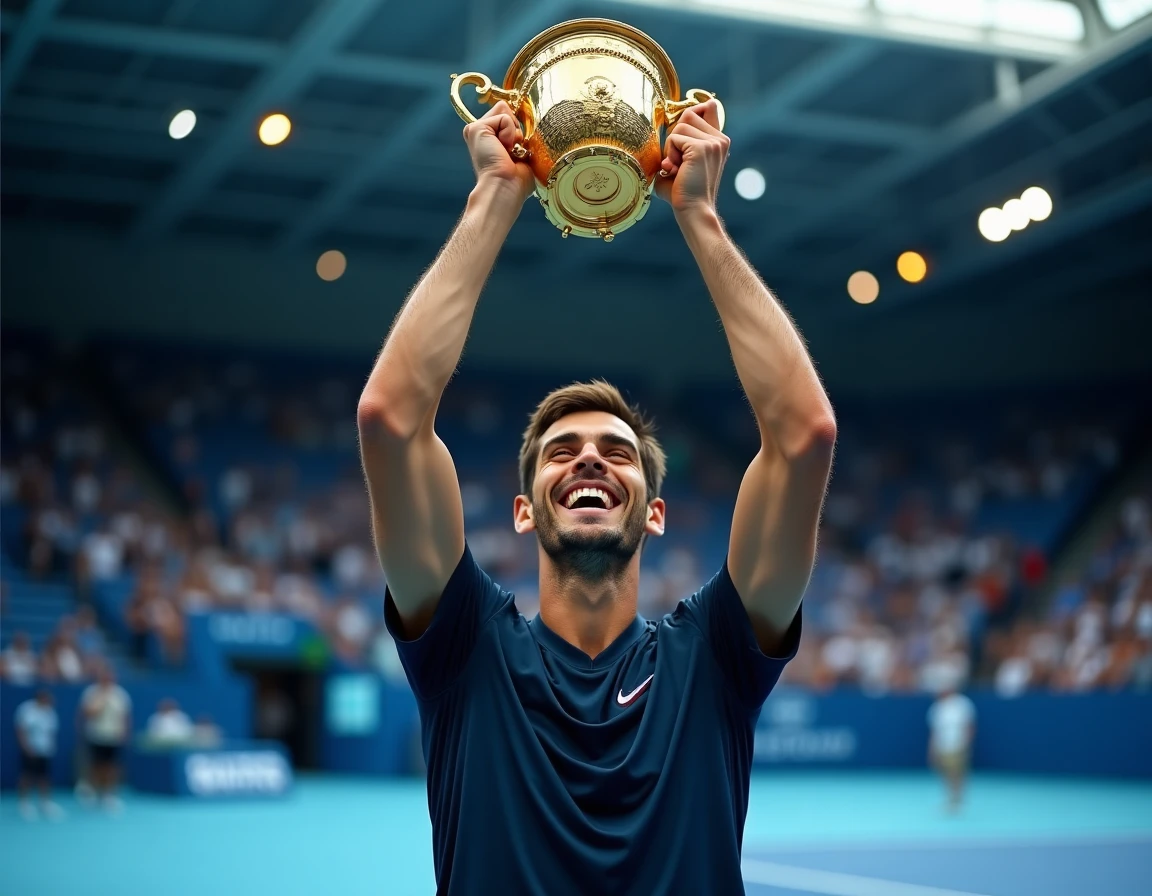 Joueur de tennis soulevant un trophée doré du Grand Chelem après une victoire historique dans un tournoi majeur
