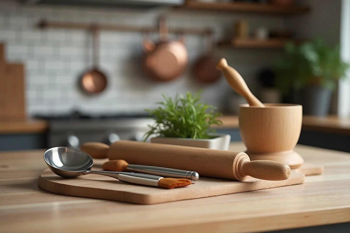 Arrangement d'ustensiles de cuisine premium sur un comptoir en bois, photo éditoriale réaliste