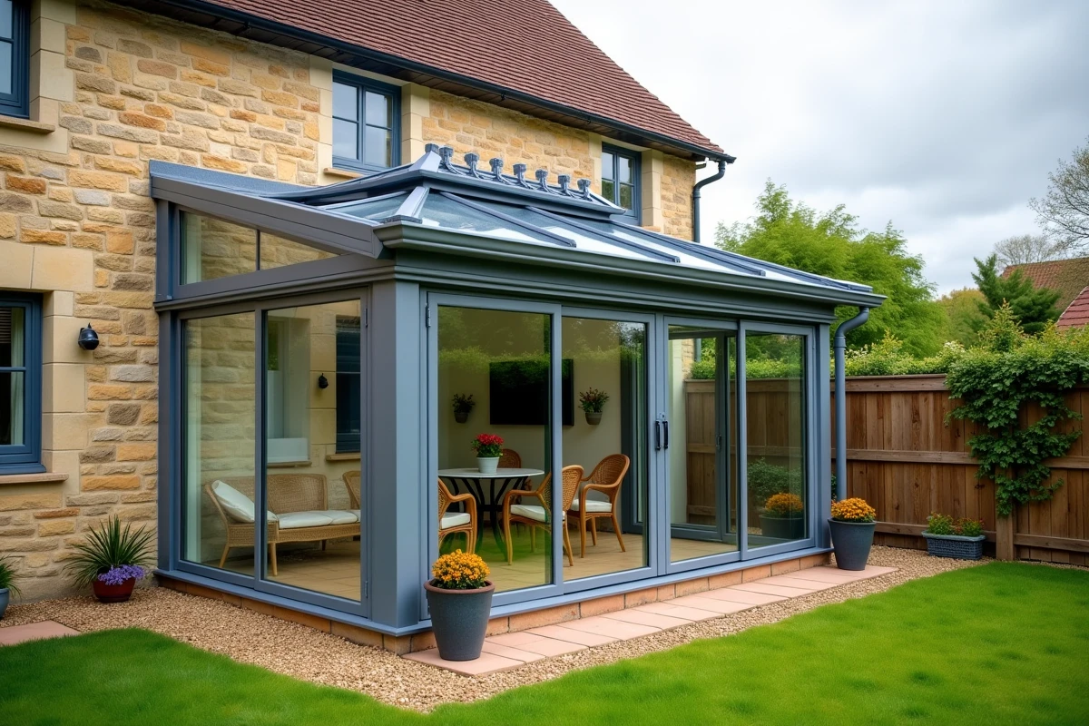 Véranda en kit entièrement montée contre une maison en pierre française avec sol en tommettes et mobilier de jardin intérieur